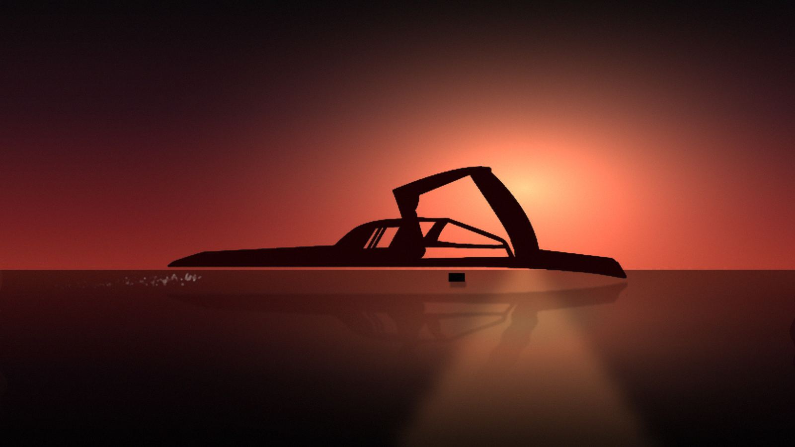 A wake boat silhouetted on open water at sunset